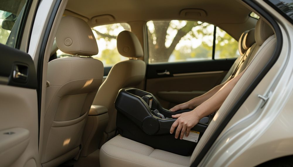Hands clicking an infant car seat base into the back seat of an ordinary sedan.