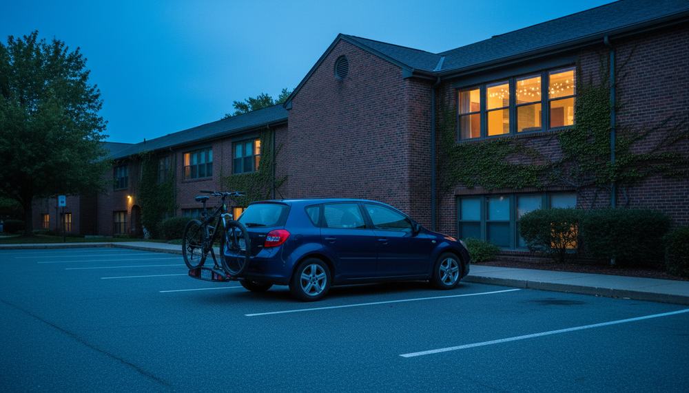 A small campus parking lot at dusk with one hatchback and a lit dorm window behind.
