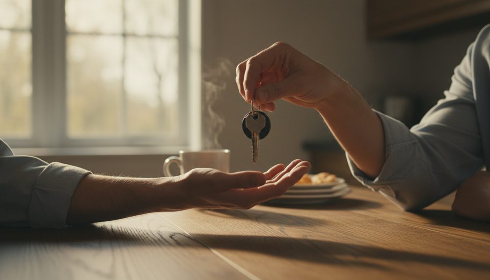 An adult hand passing a set of car keys to a teenager's open palm across a kitchen table.