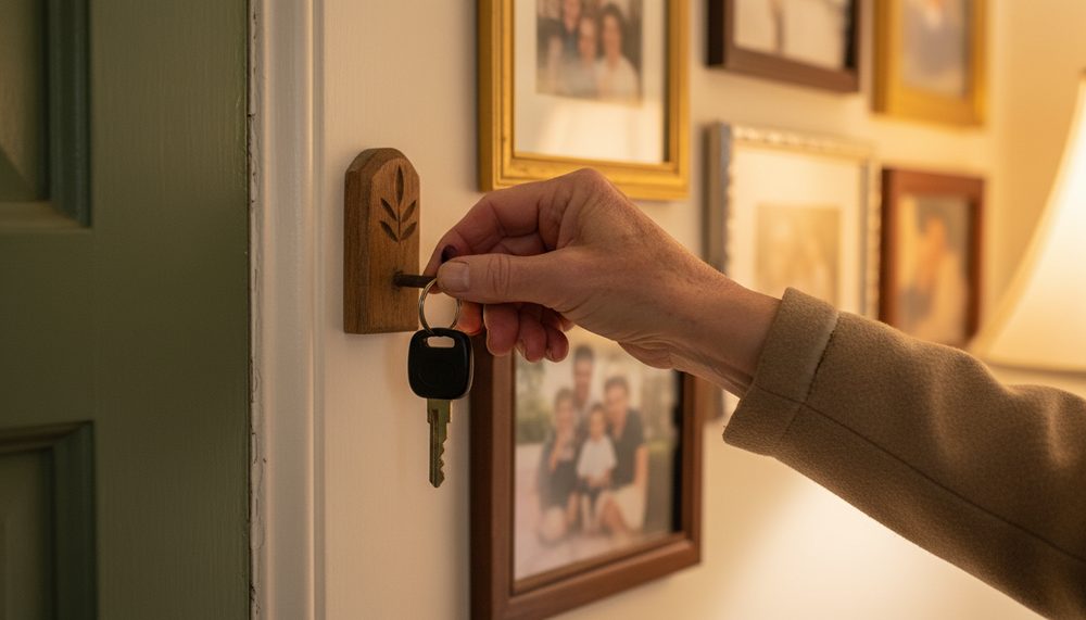 An older person's hand hanging a car key on a wooden hook beside a front door.