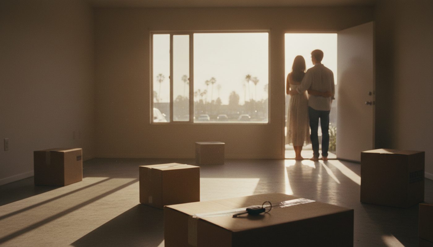 A couple standing in the doorway of a sunlit, nearly empty apartment surrounded by moving boxes.