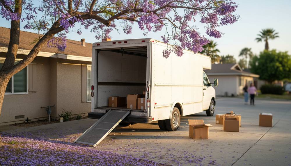 A rental moving van backed into the driveway of a Southern California home, ramp down.