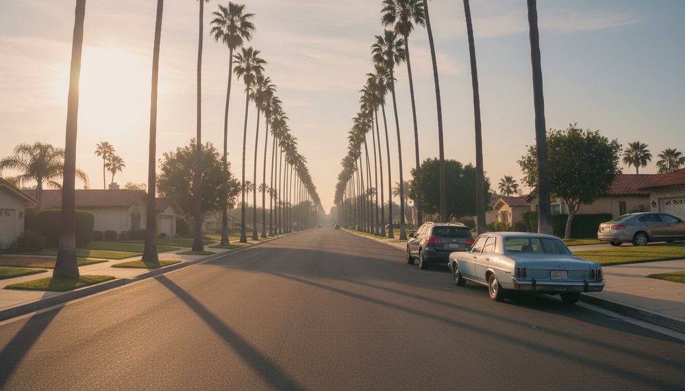 A palm-lined California residential street with two cars parked at the kerb in early morning.