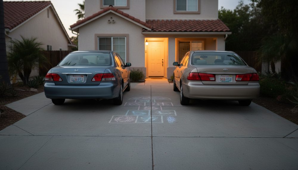 A suburban California driveway at dusk with a second family car newly parked alongside the first.