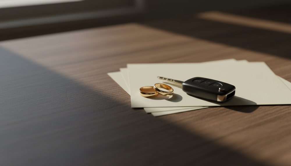 Two wedding bands resting on a small stack of paperwork beside a car key.